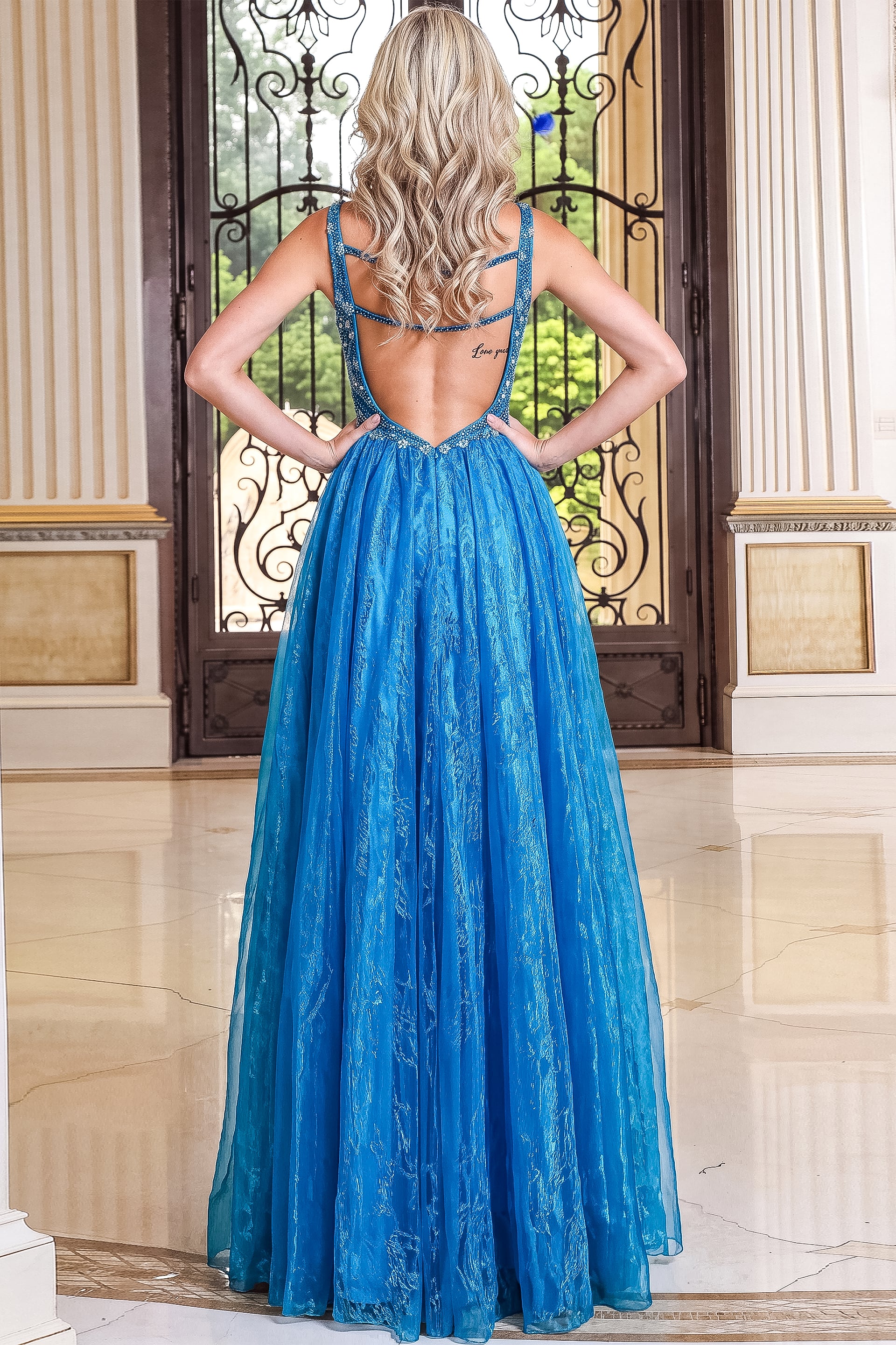 royal blue beaded v neck sheath gown with detachable overskirt and plunging v neck, view 3