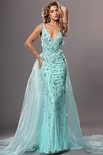 aqua trumpet long dress with v neck beaded 3d flowers sheer train