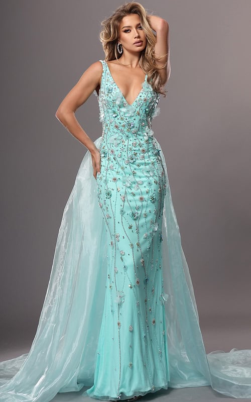 aqua trumpet long dress with v neck beaded 3d flowers sheer train