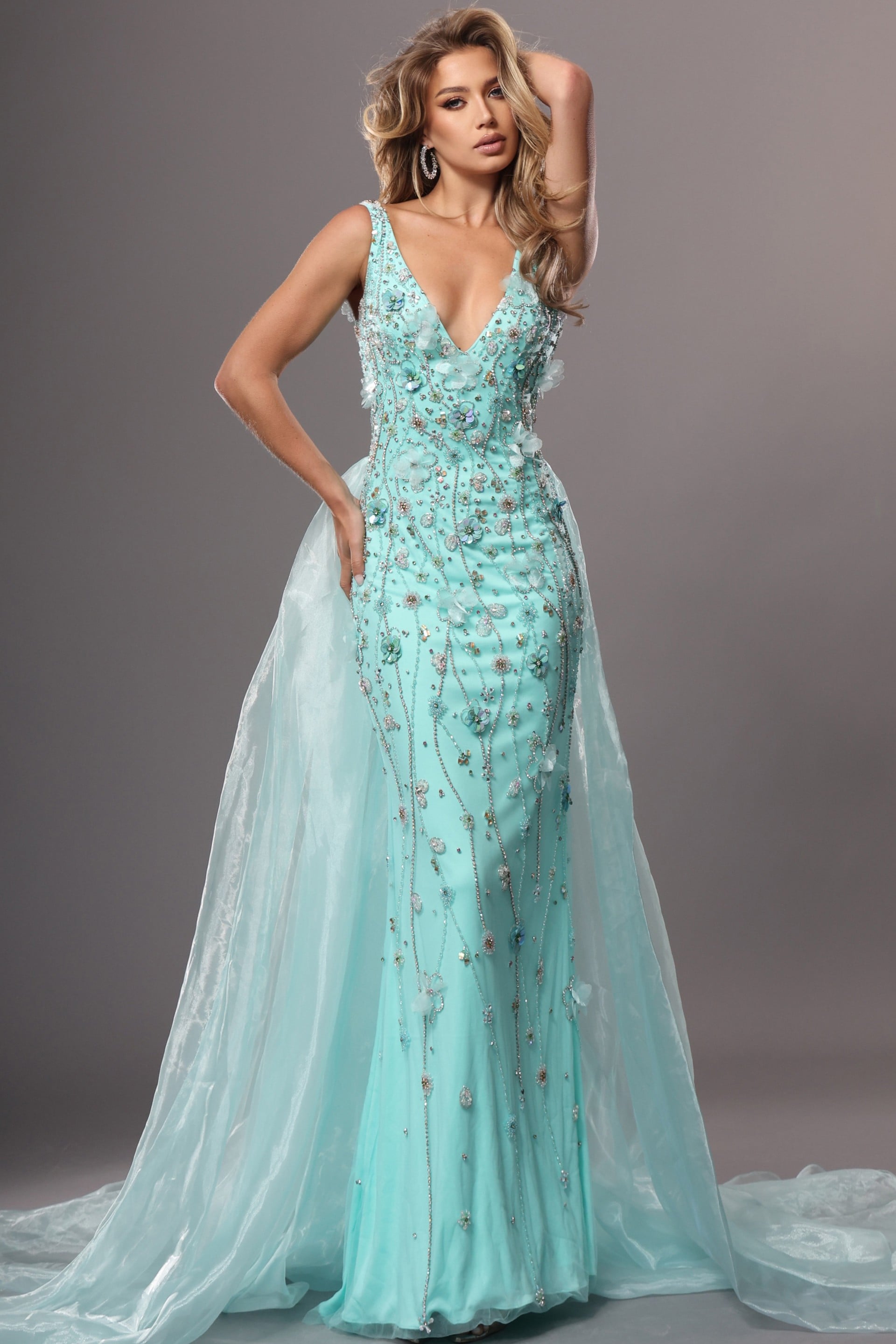 51918_1 aqua trumpet long dress with v neck beaded 3d flowers sheer train