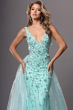 aqua trumpet long dress with v neck beaded 3d flowers sheer train