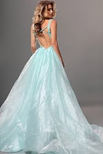 aqua trumpet long dress with v neck beaded 3d flowers sheer train