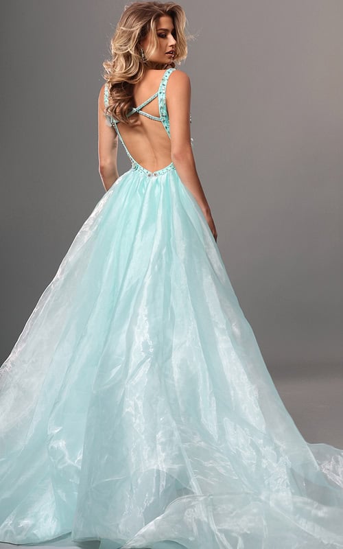 aqua trumpet long dress with v neck beaded 3d flowers sheer train