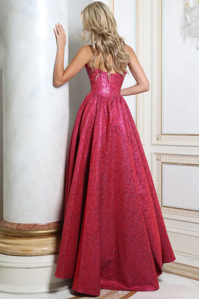Back view of raspberry metallic jacquard ball gown showing corset seamed bodice and zip back