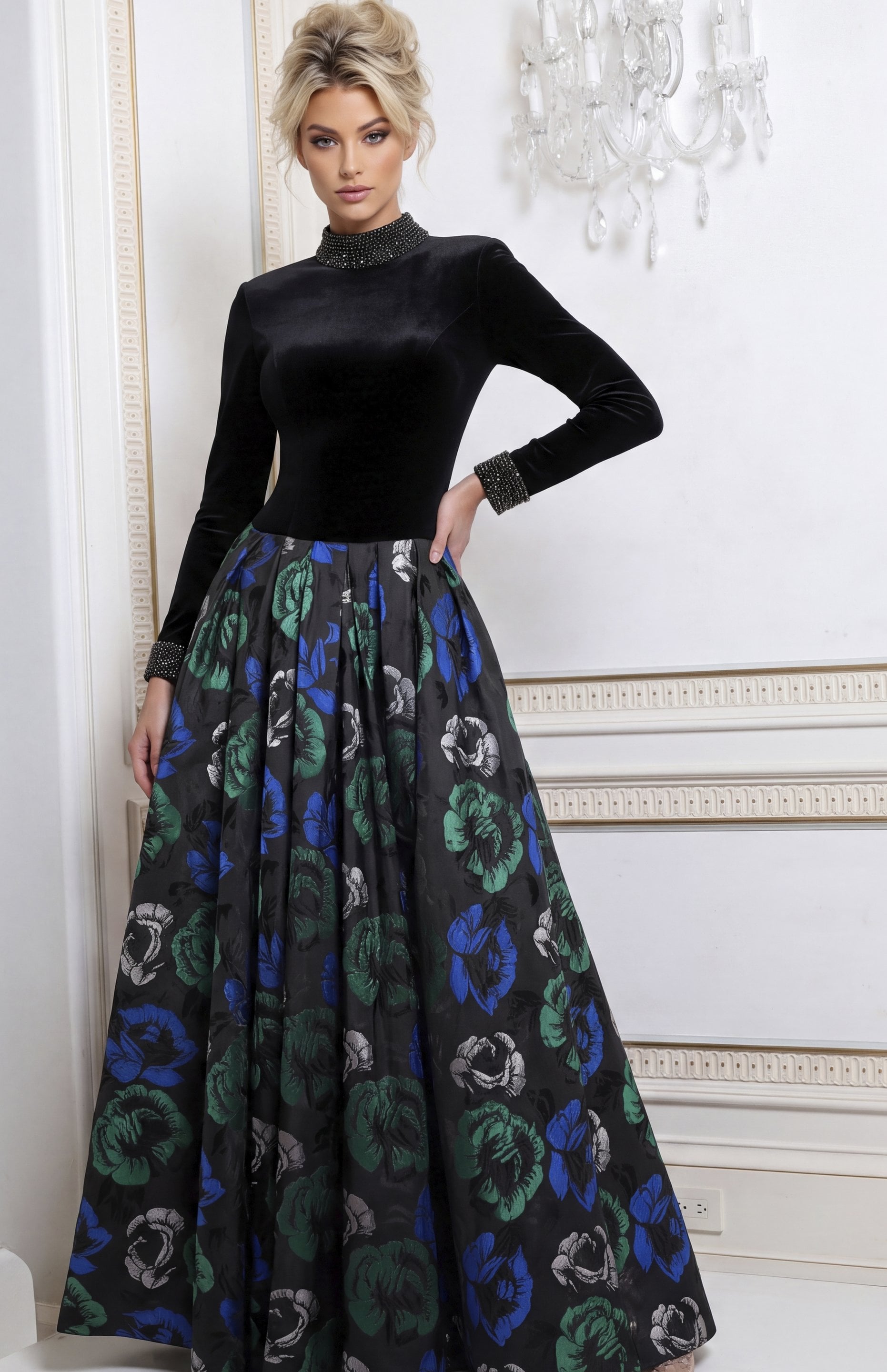 black floral Jovani 51940 front, floral skirt