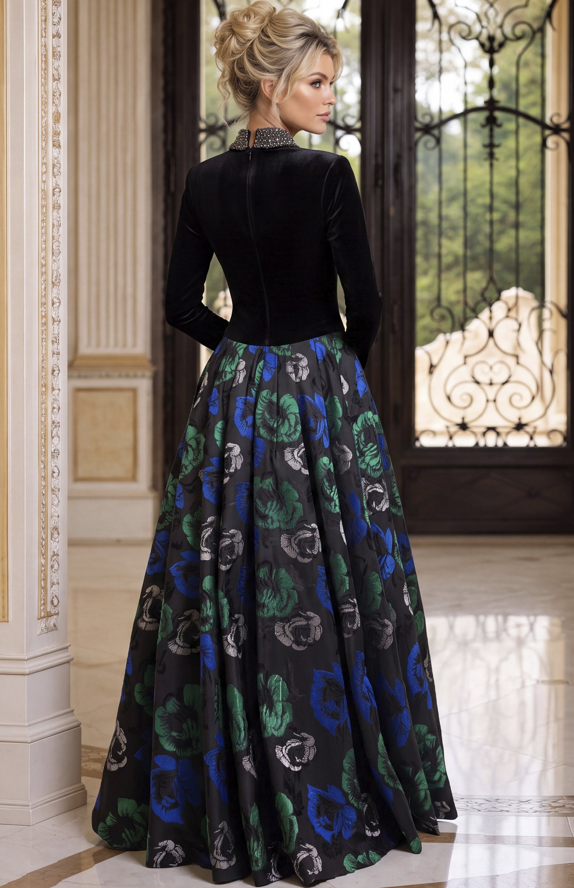 black floral Jovani 51940 Back view, beaded collar