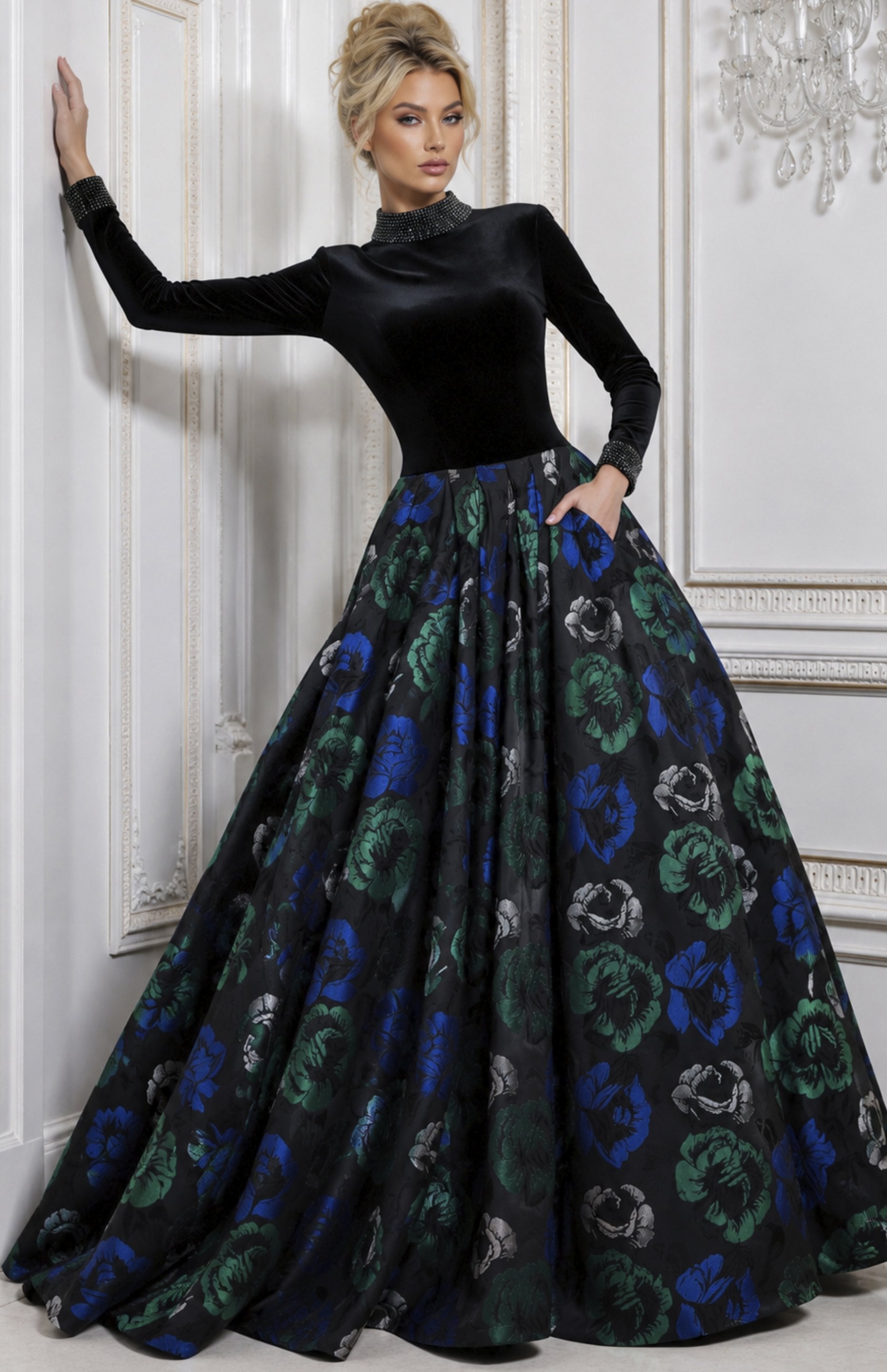 black floral Jovani 51940 front, beaded collar