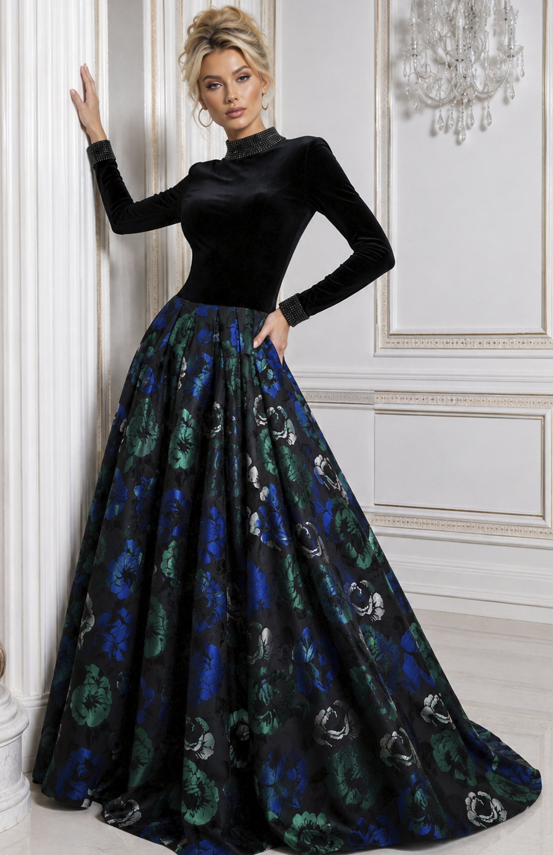black floral Jovani 51940 front, floral skirt