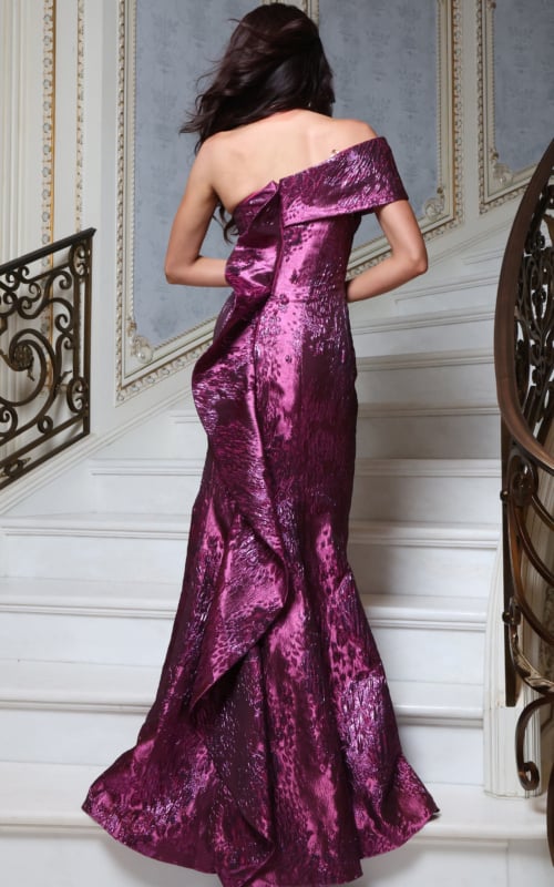 Magenta metallic textured gown with draped ruffle back detail, back view