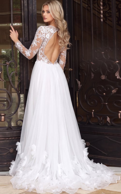 backless white lace dres with ruffled shoulder long sleeves short dress with tulle overlay 51955