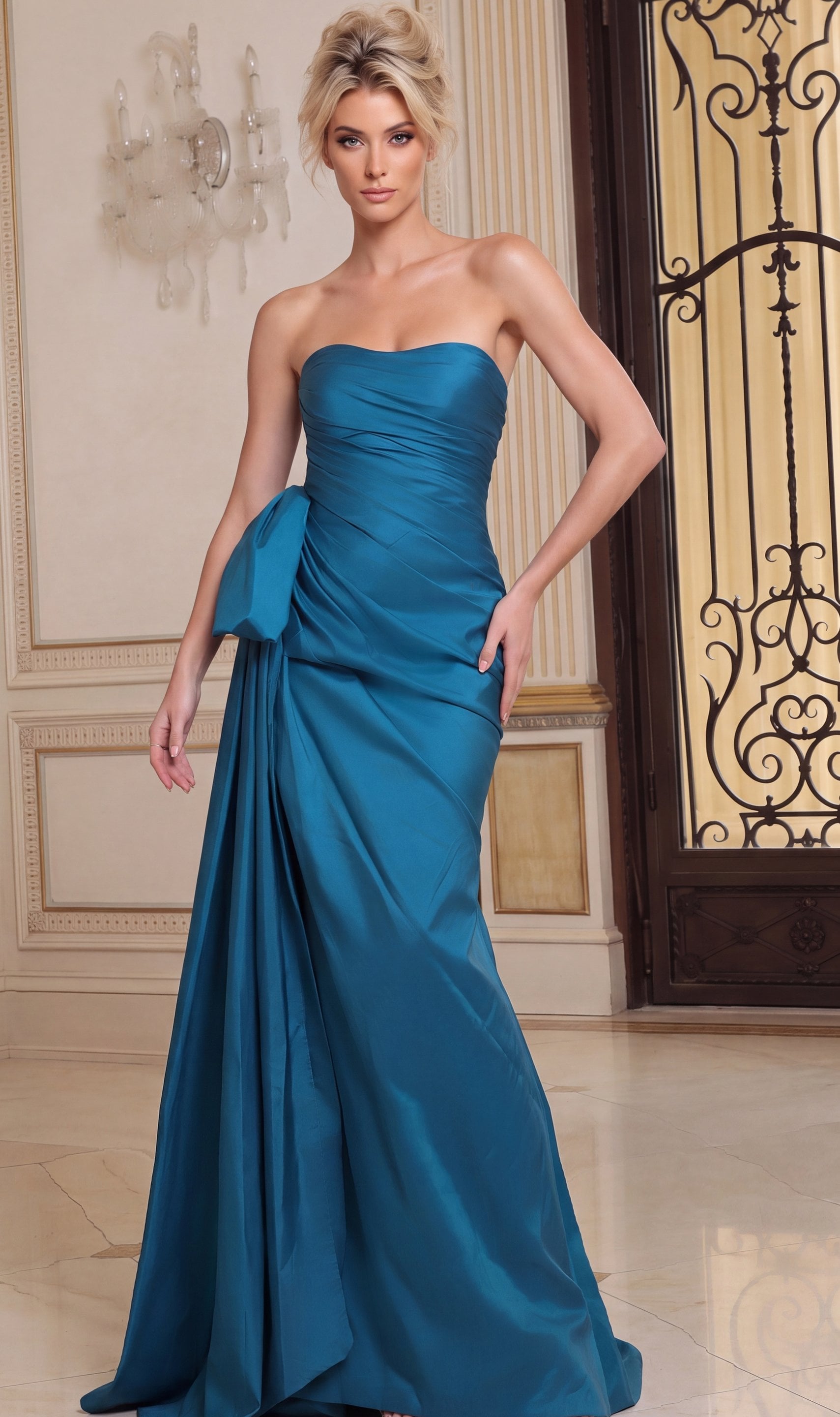 teal blue Jovani 51978 Front, side bow