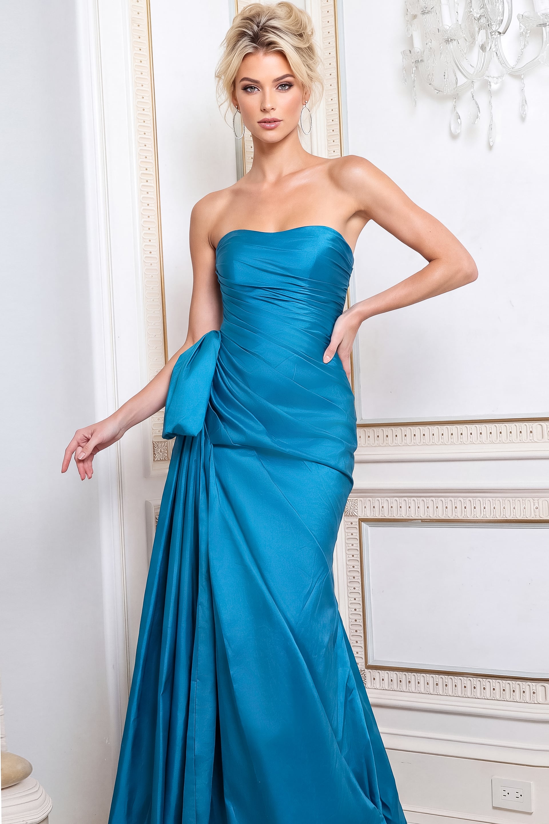 teal ruched bodice dress with side drape 51978