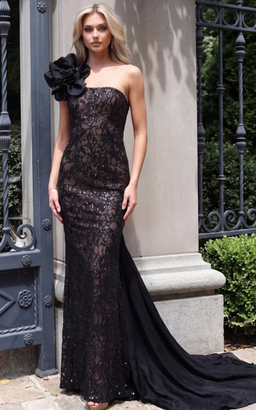 one shoulder black sequin lace column gown with rosette shoulder and cape 51987