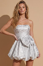 Shimmering silver dress designed with an architectural bubble silhouette and a feminine bow accent on the front.
