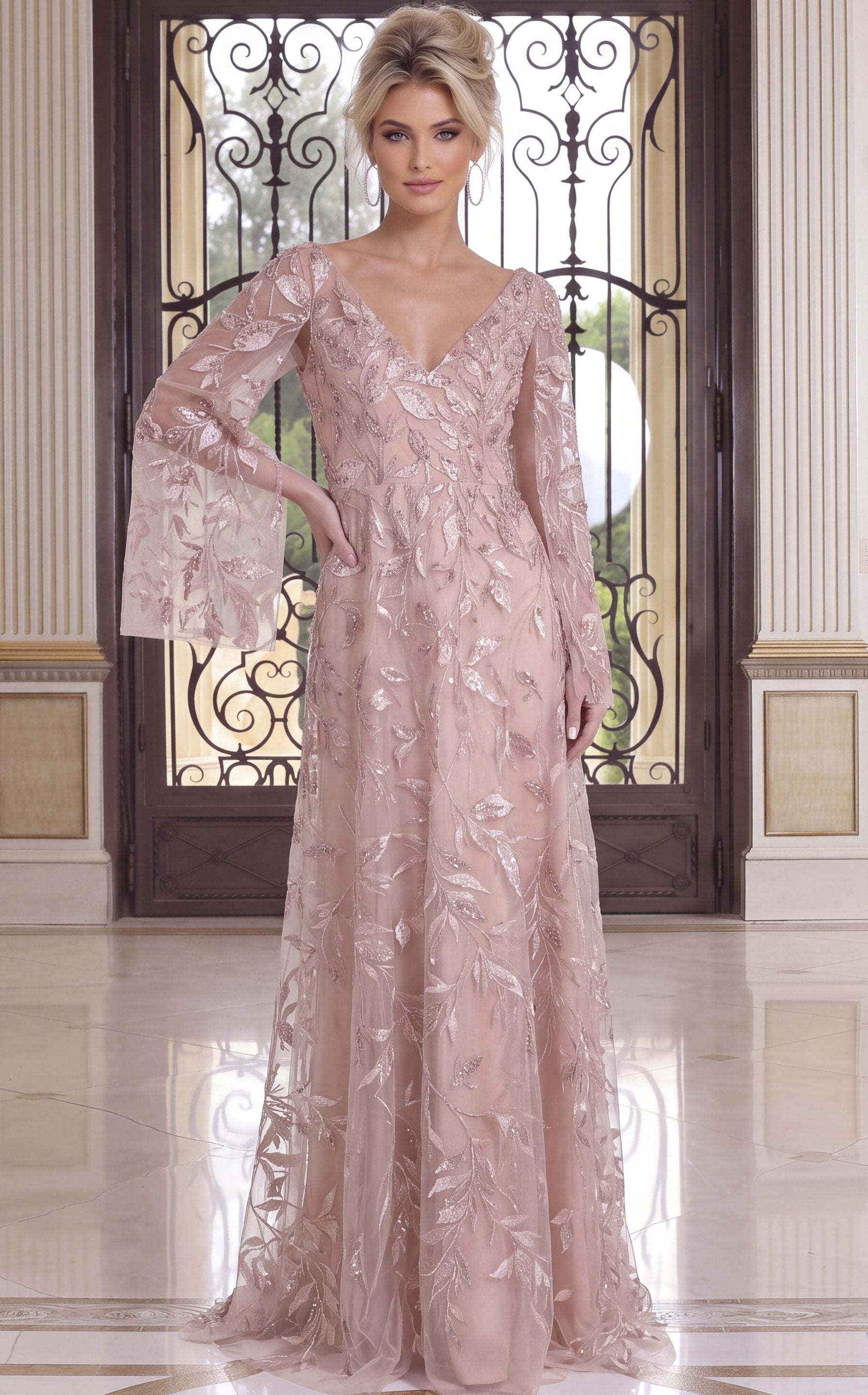 blush pink Jovani 52015 front, leaf embroidery