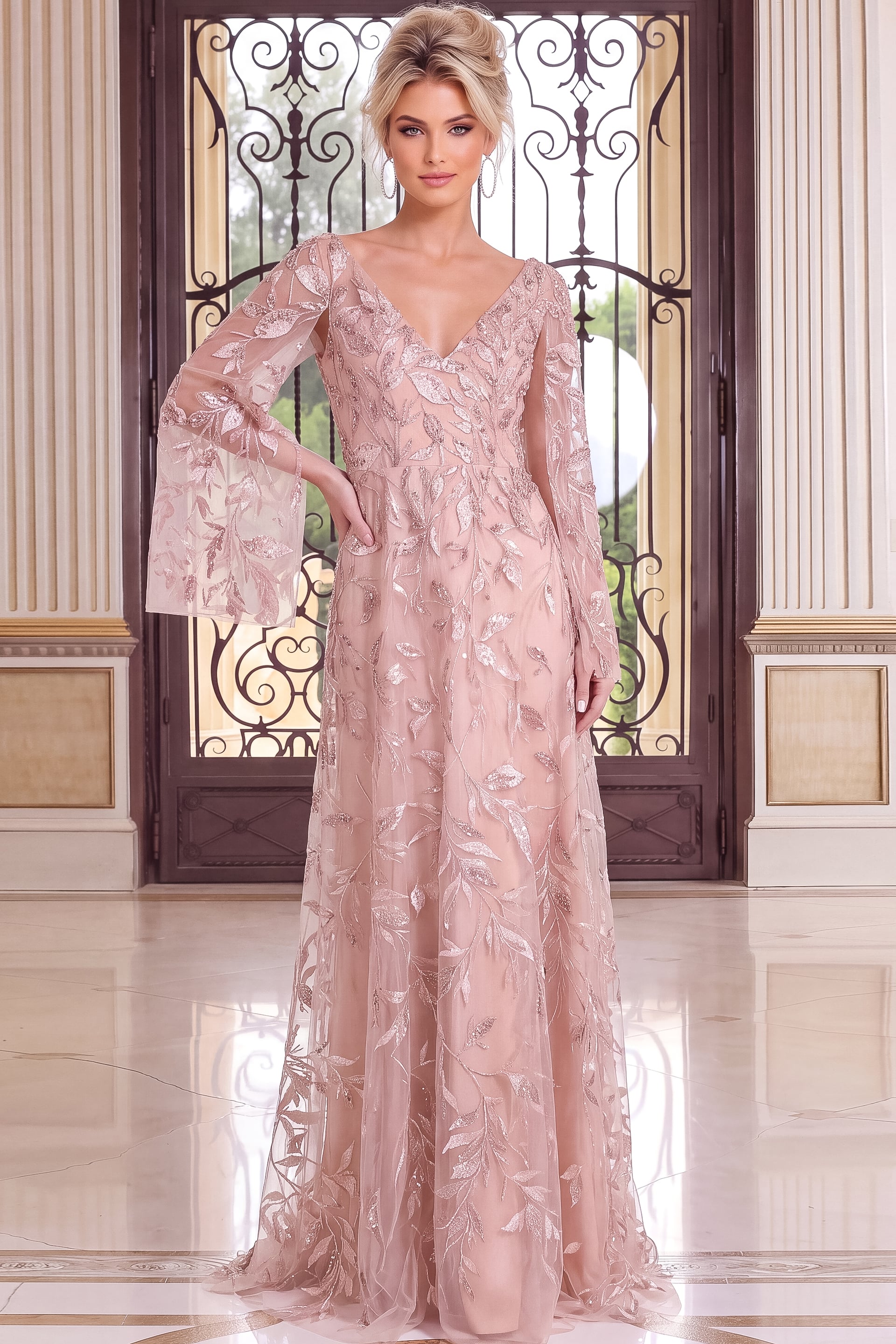 blush pink v-neck cape sleeves evening gown style 52015 - front full body