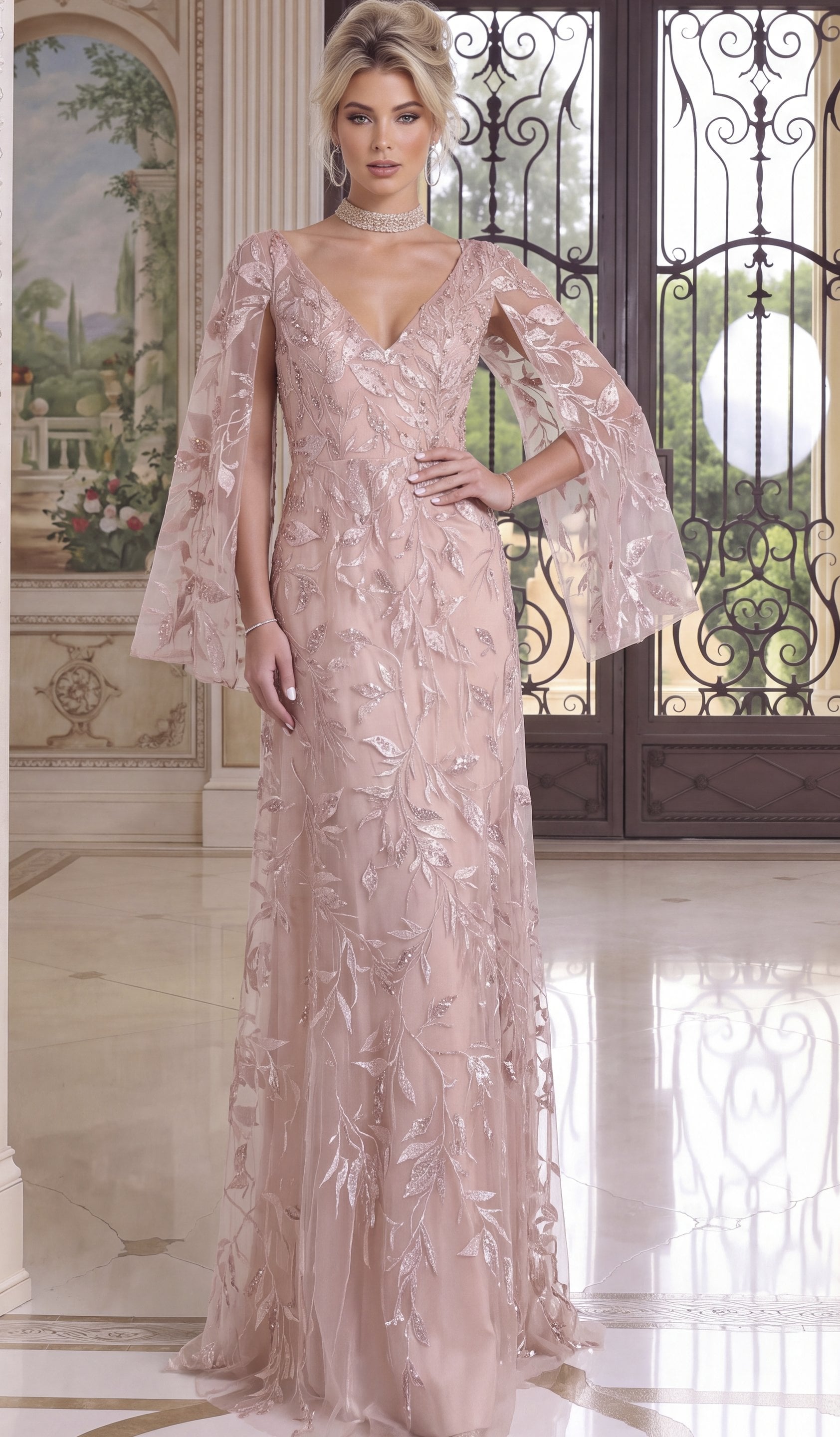 blush pink Jovani 52015 front, flowing cape sleeves