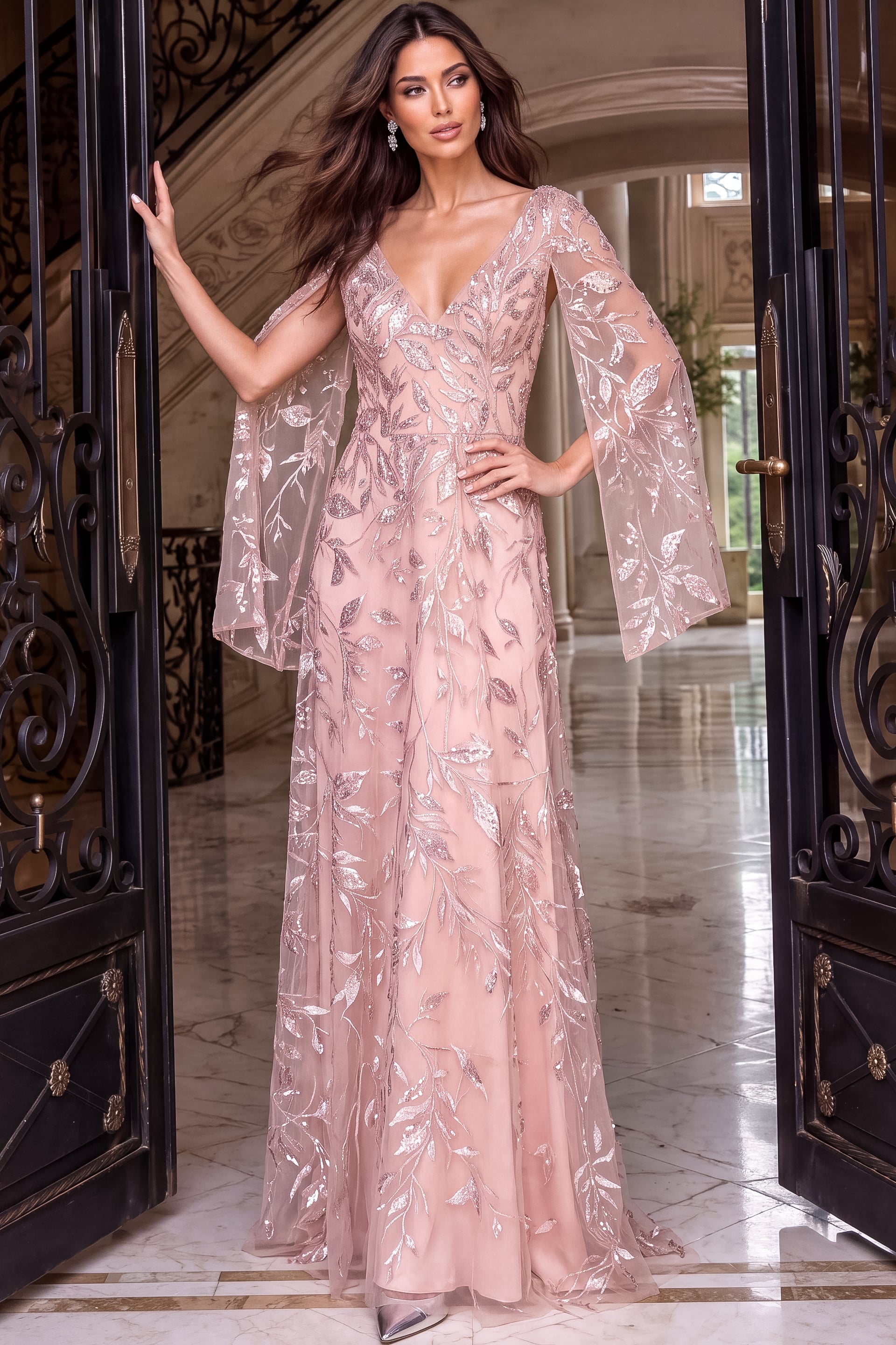 Cape sleeves and sequinned leaf embroidery on a blush pink tulle gown with deep V neckline