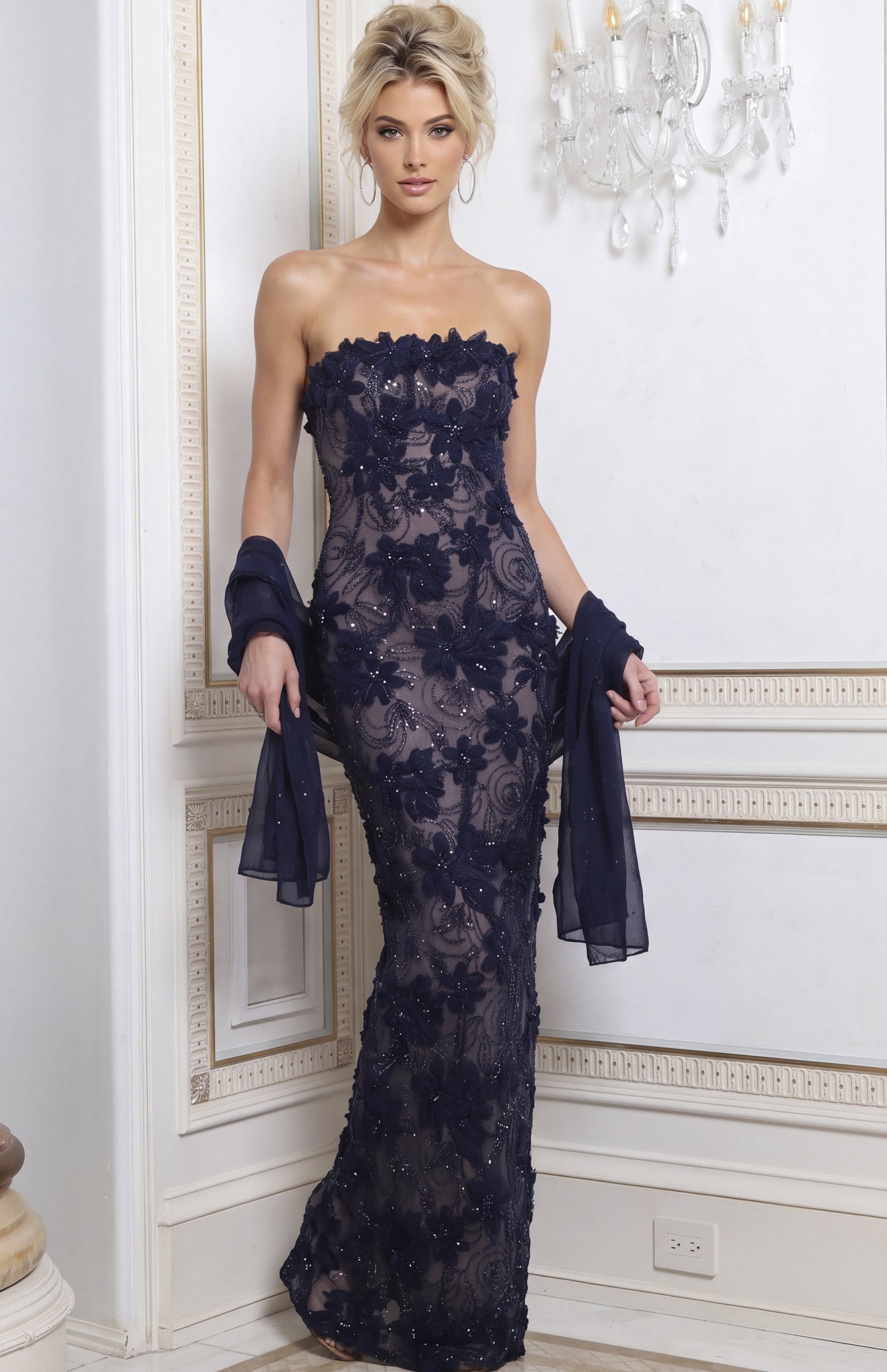 navy blue Jovani 52018 front, floral appliques