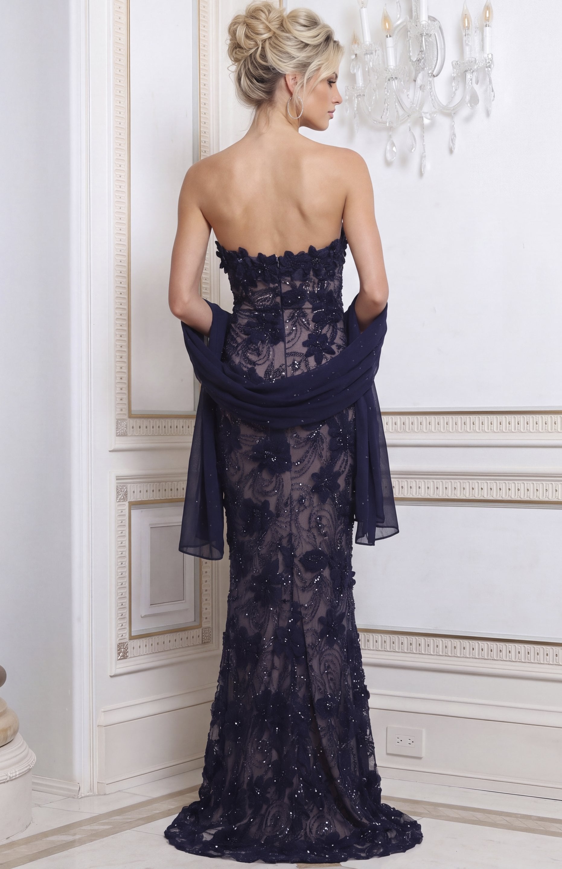 navy blue Jovani 52018 back view, beaded lace