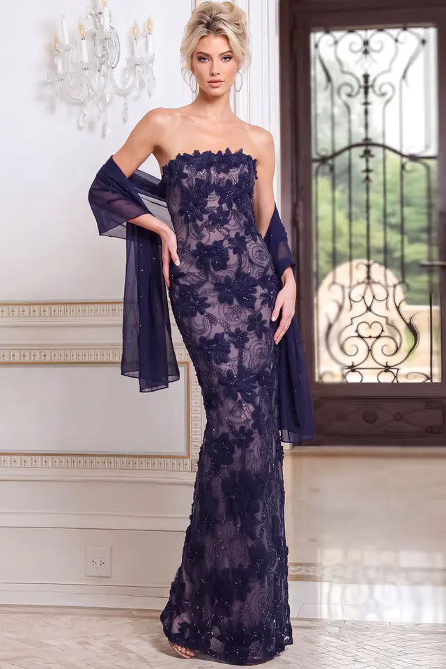 lace navy dress with matching shawl 52018