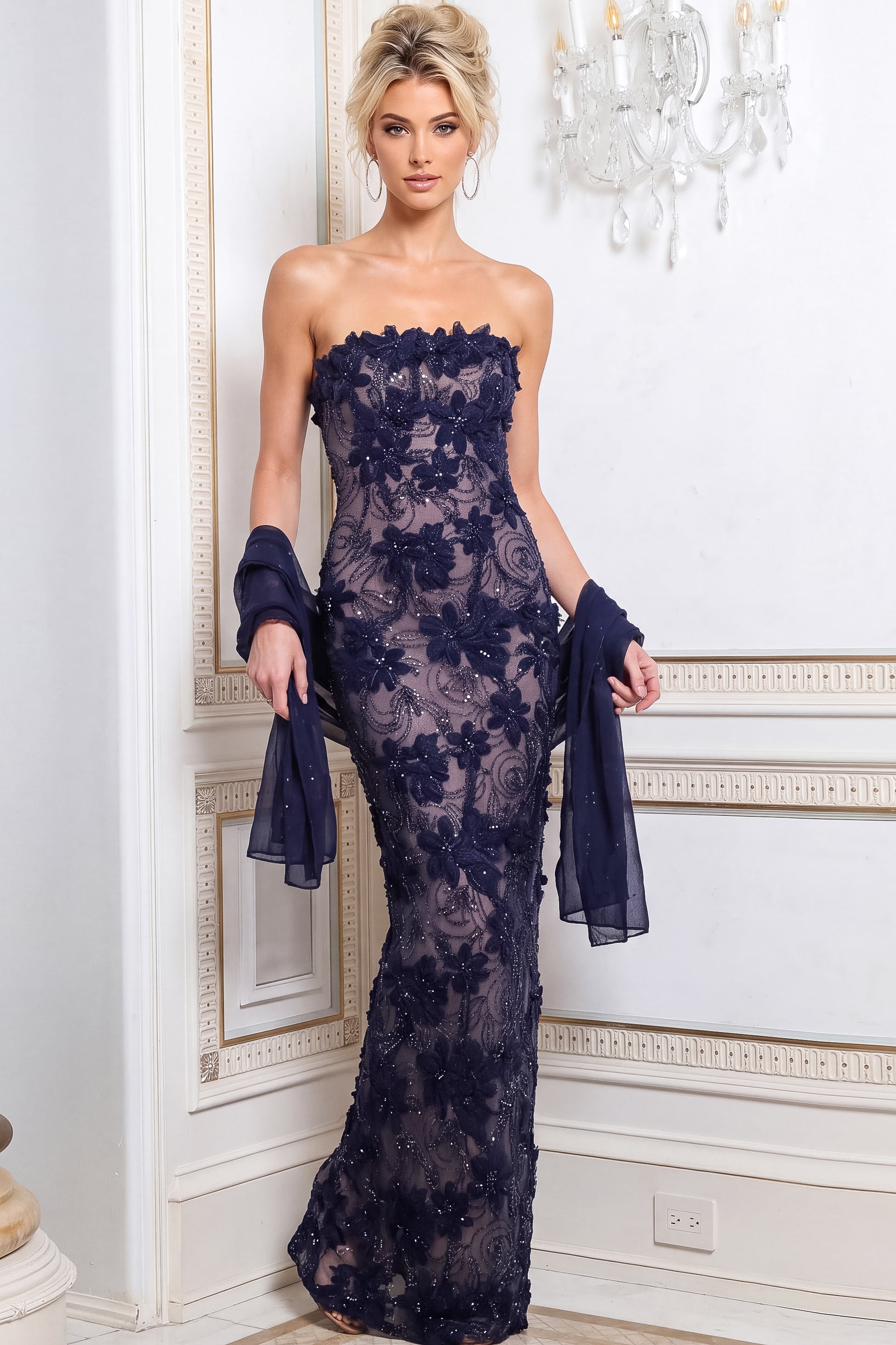 strapless fitted navy and nude lace 52018