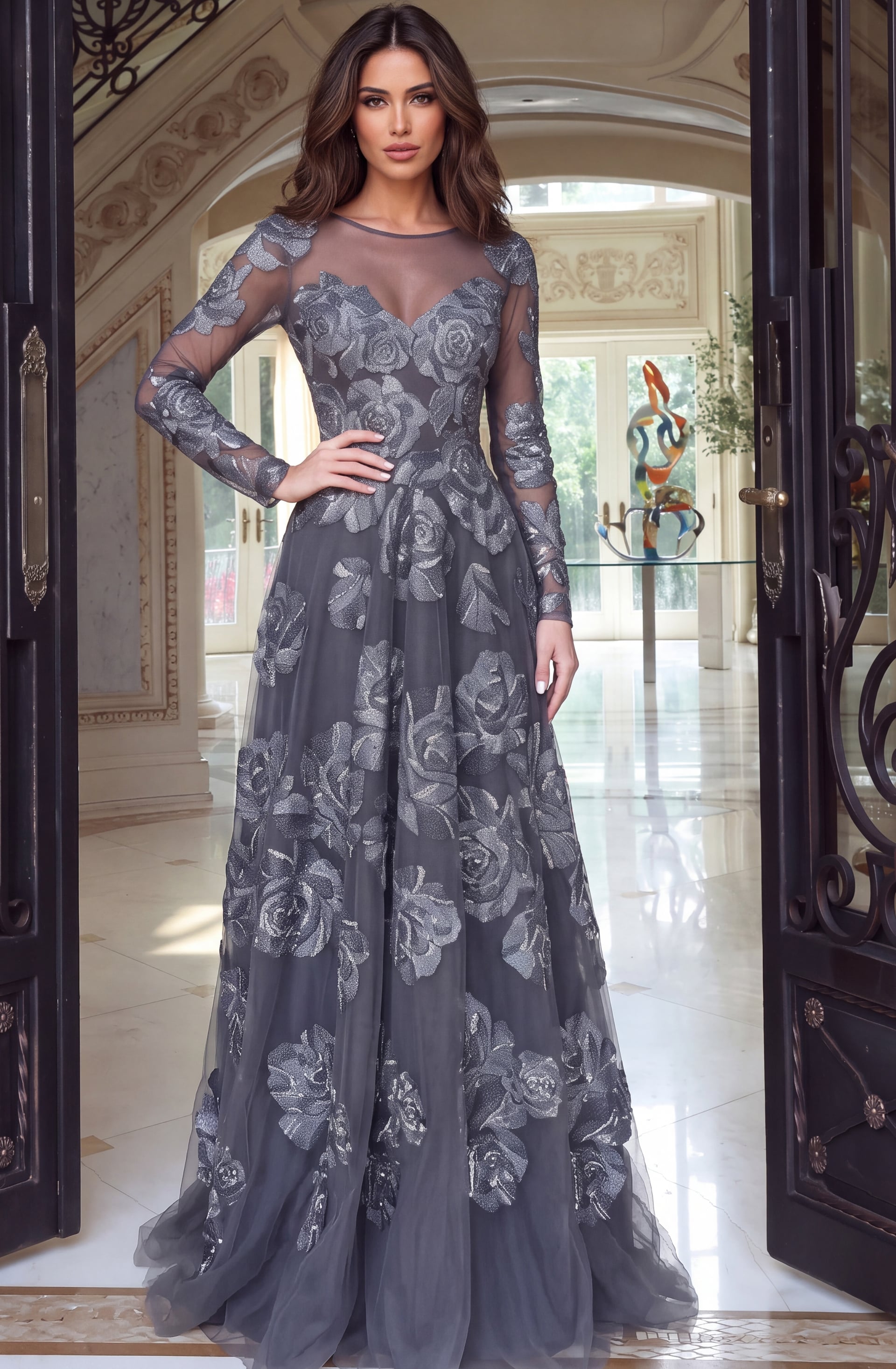 Slate grey tulle ball gown with sequinned roses, illusion neckline and long sheer sleeves
