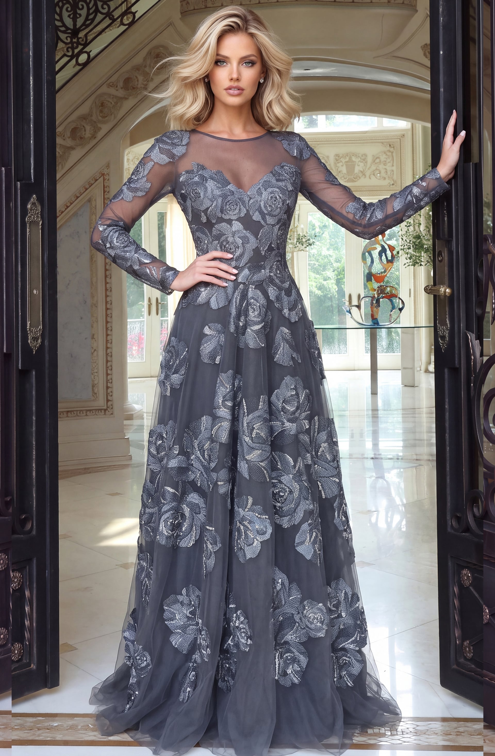 Long sleeved charcoal gown in floral sequin tulle with illusion neckline and full skirt