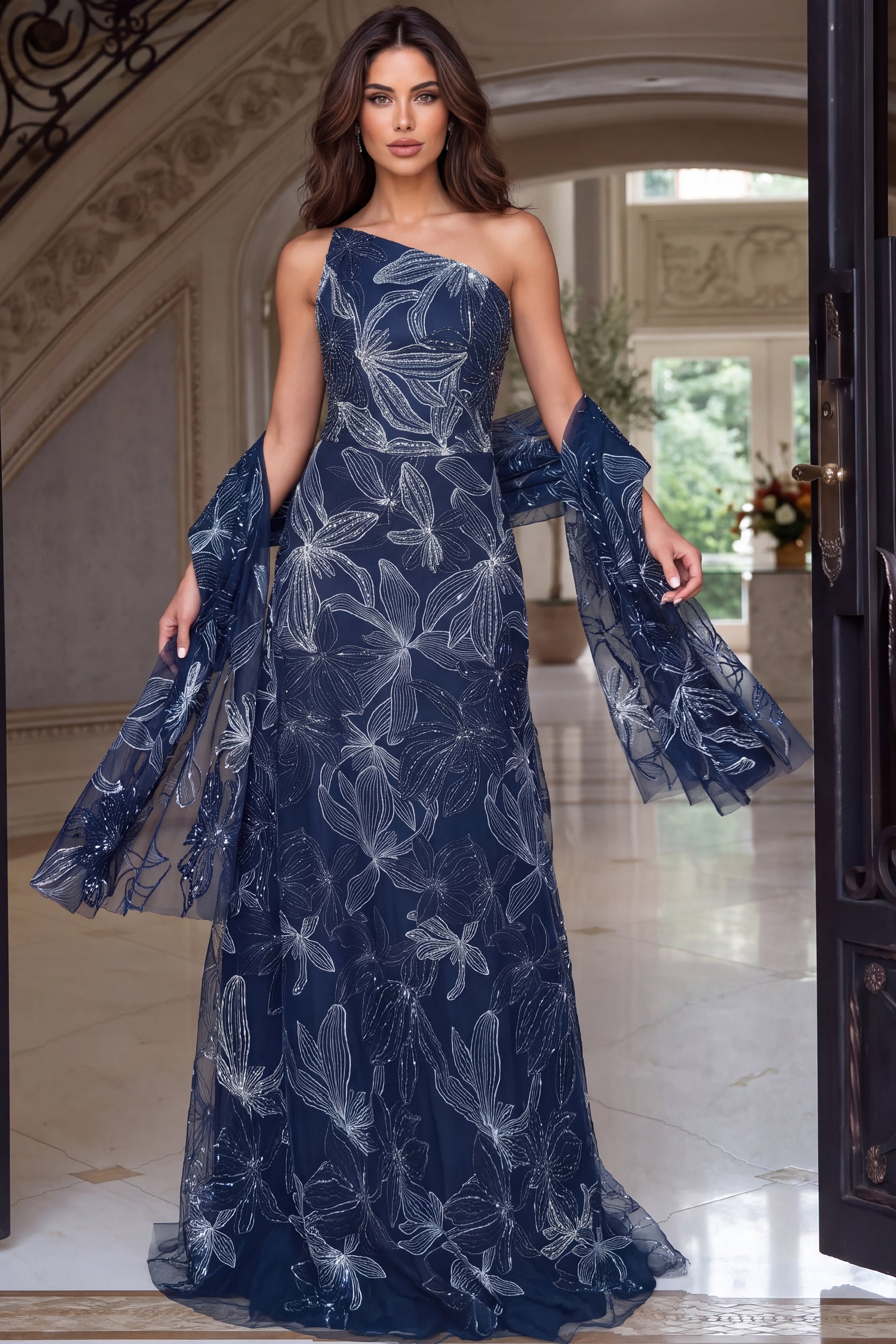 Navy one-shoulder gown embroidered with silver floral sequins, matching sheer stole draped wide