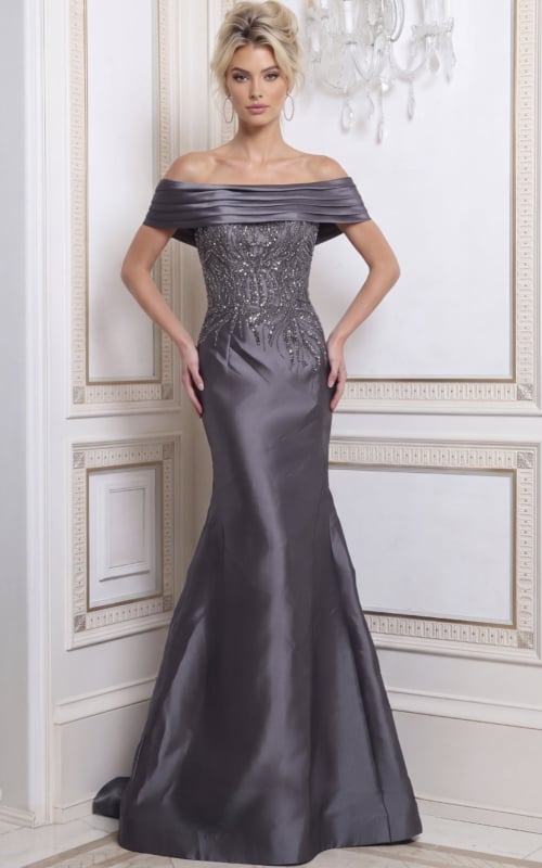charcoal grey Jovani 52036 front, beaded bodice