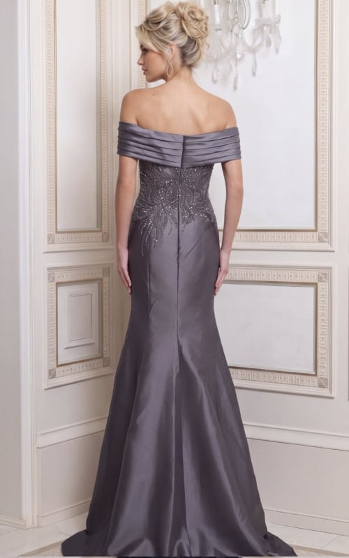 charcoal grey Jovani 52036 back view, beaded bodice
