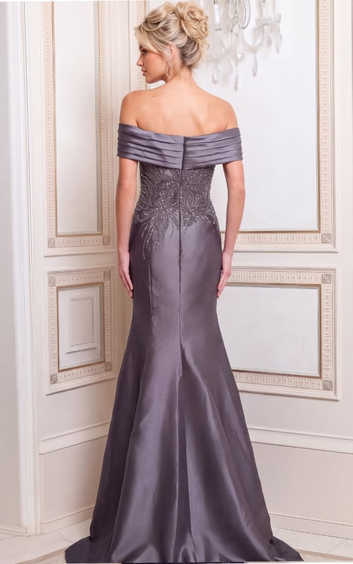 back of off the shoulder silver mermaid dress 52036