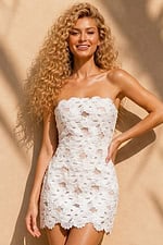 white lace strapless mini dress with sweetheart neckline and asymmetric scalloped hem