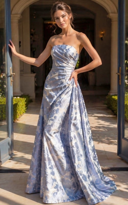 blue and silver floral brocade strapless A line gown with ruched bodice