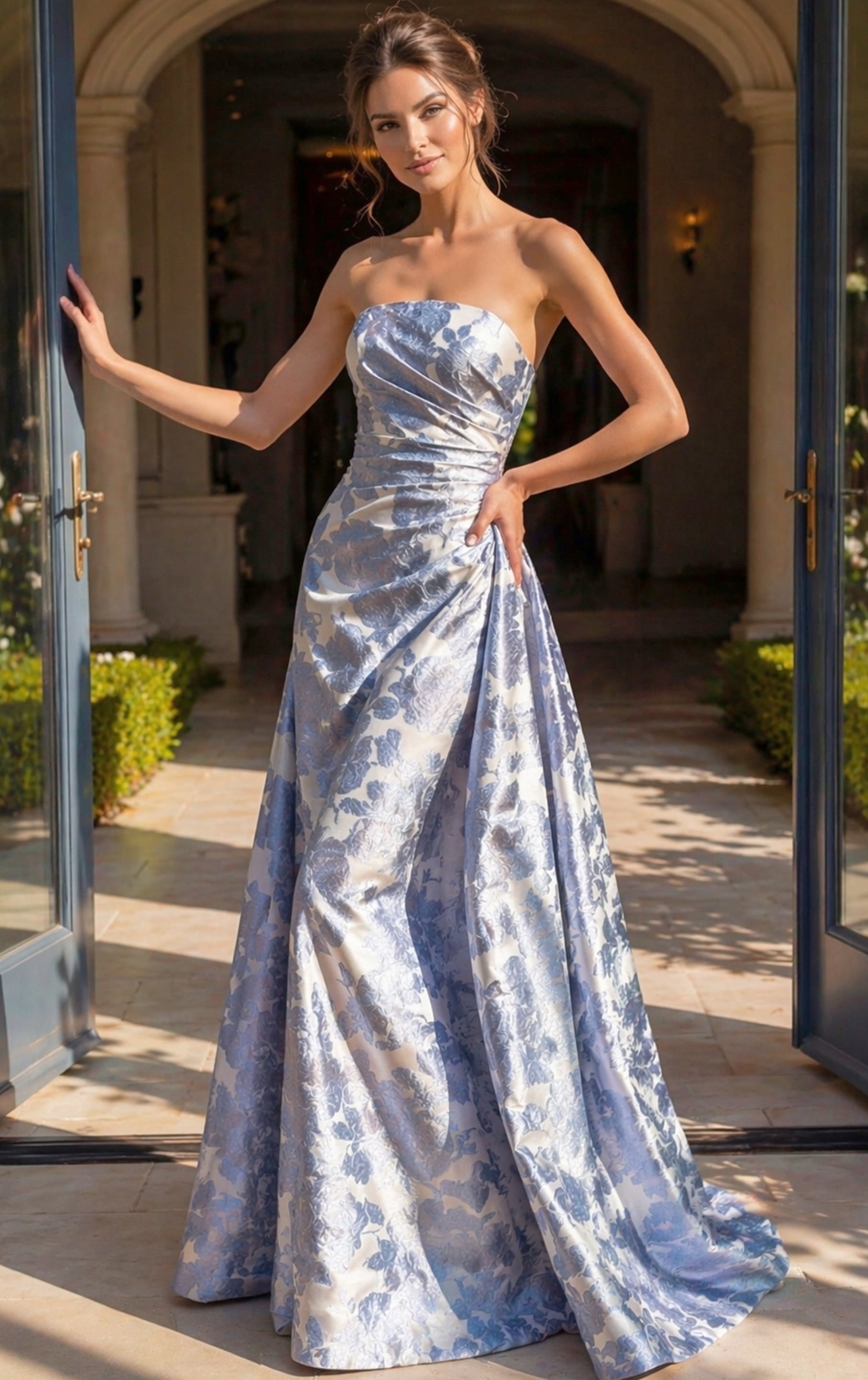 blue and silver floral brocade strapless A line gown with ruched bodice