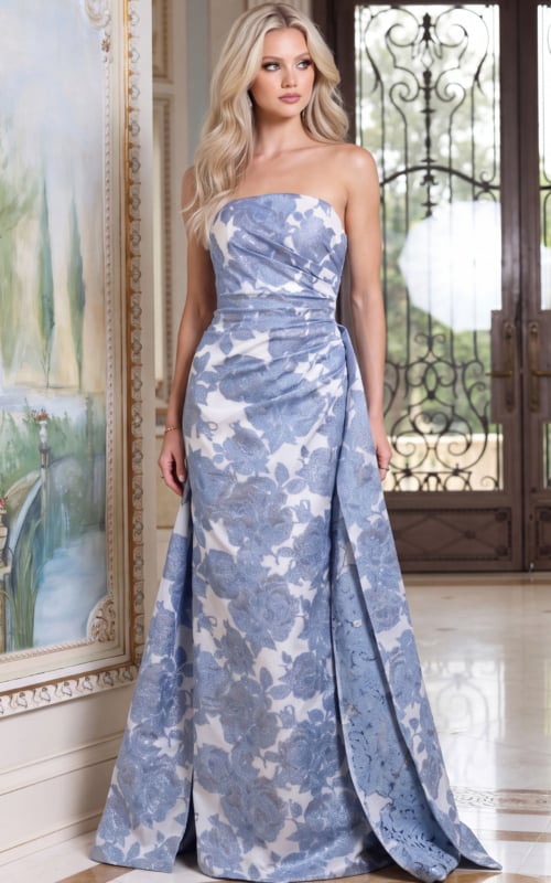 strapless fitted bodice dress with overlay 52088