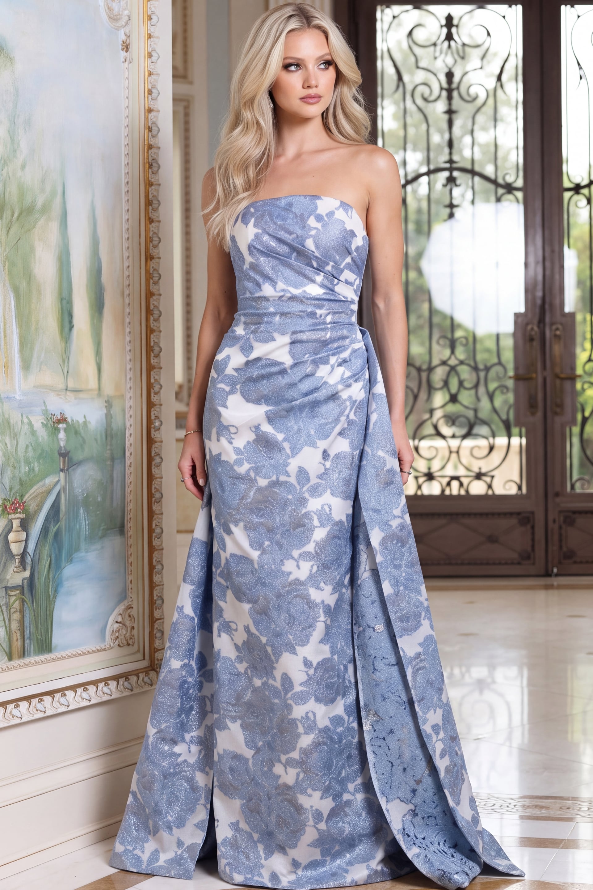 strapless fitted bodice dress with overlay 52088