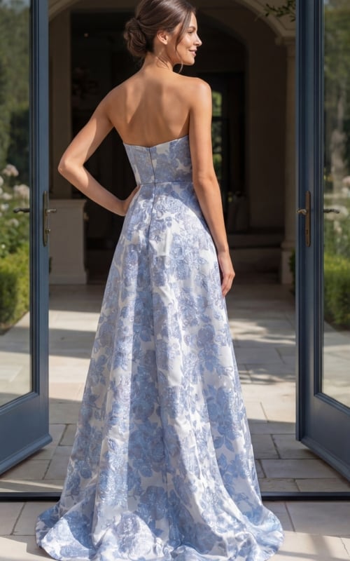 back view of blue and silver floral brocade strapless A line gown