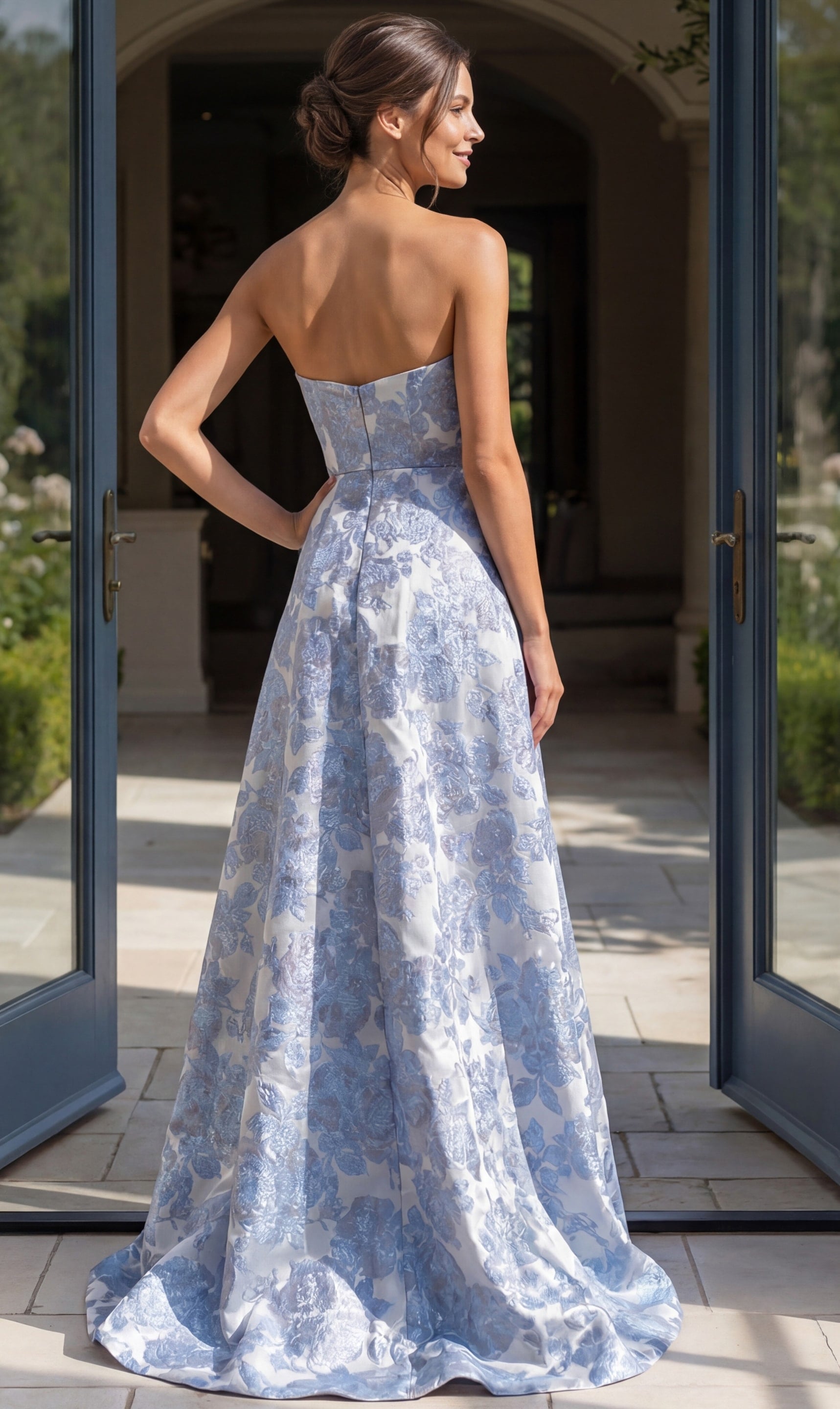 back view of blue and silver floral brocade strapless A line gown