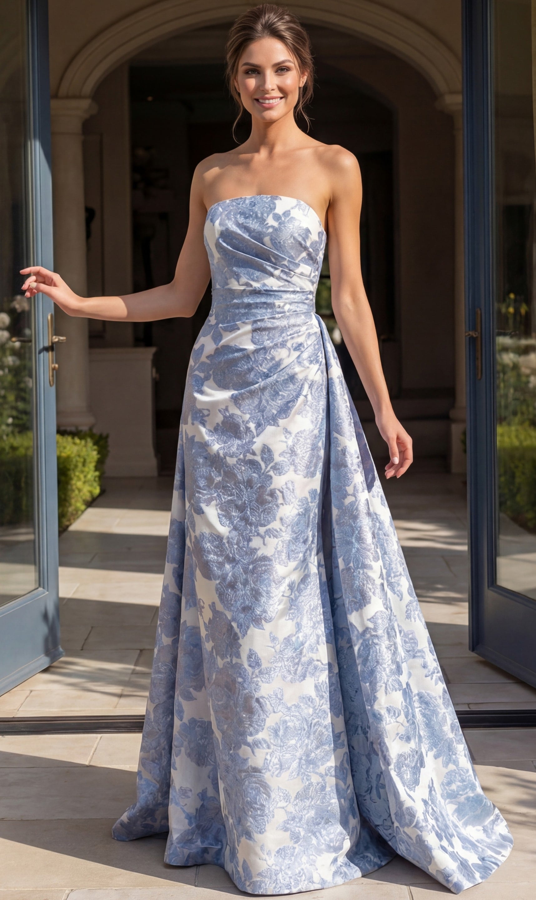blue and silver floral brocade strapless A line gown with ruched bodice