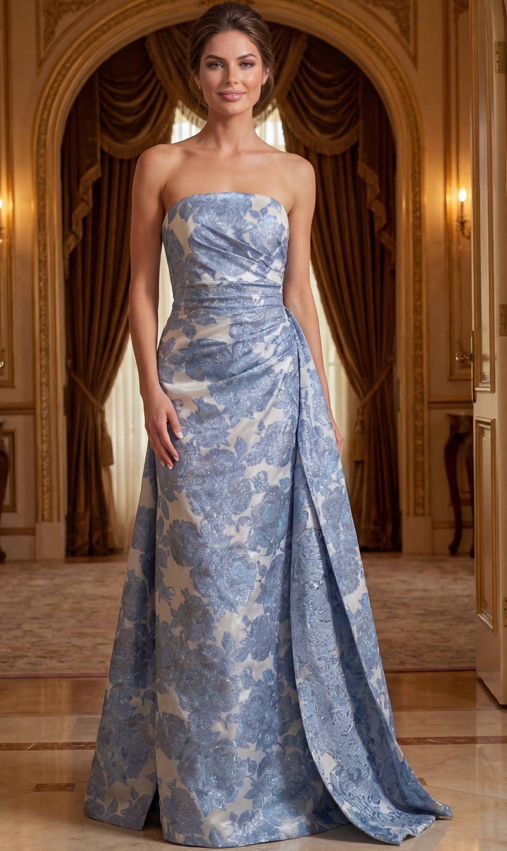 blue and silver floral brocade strapless A line gown with ruched bodice