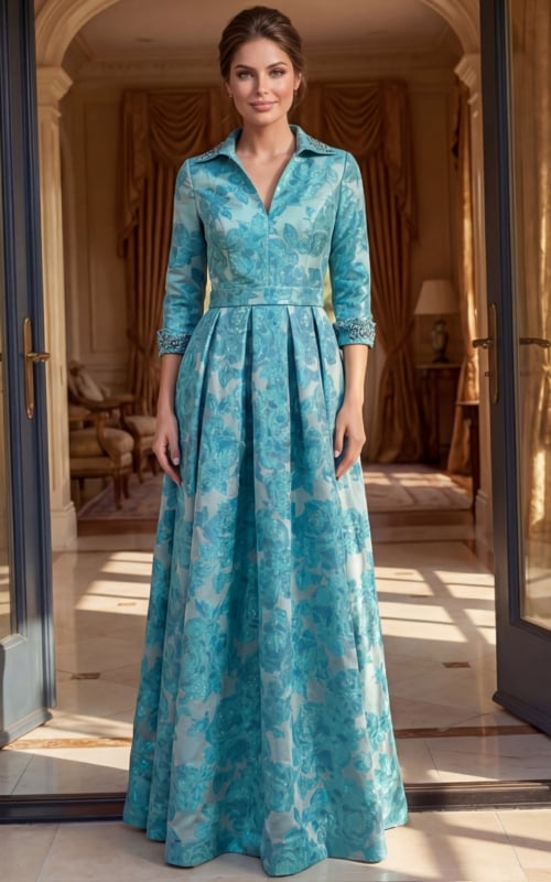 aqua blue floral brocade long sleeve gown with collared V neckline and beaded cuffs