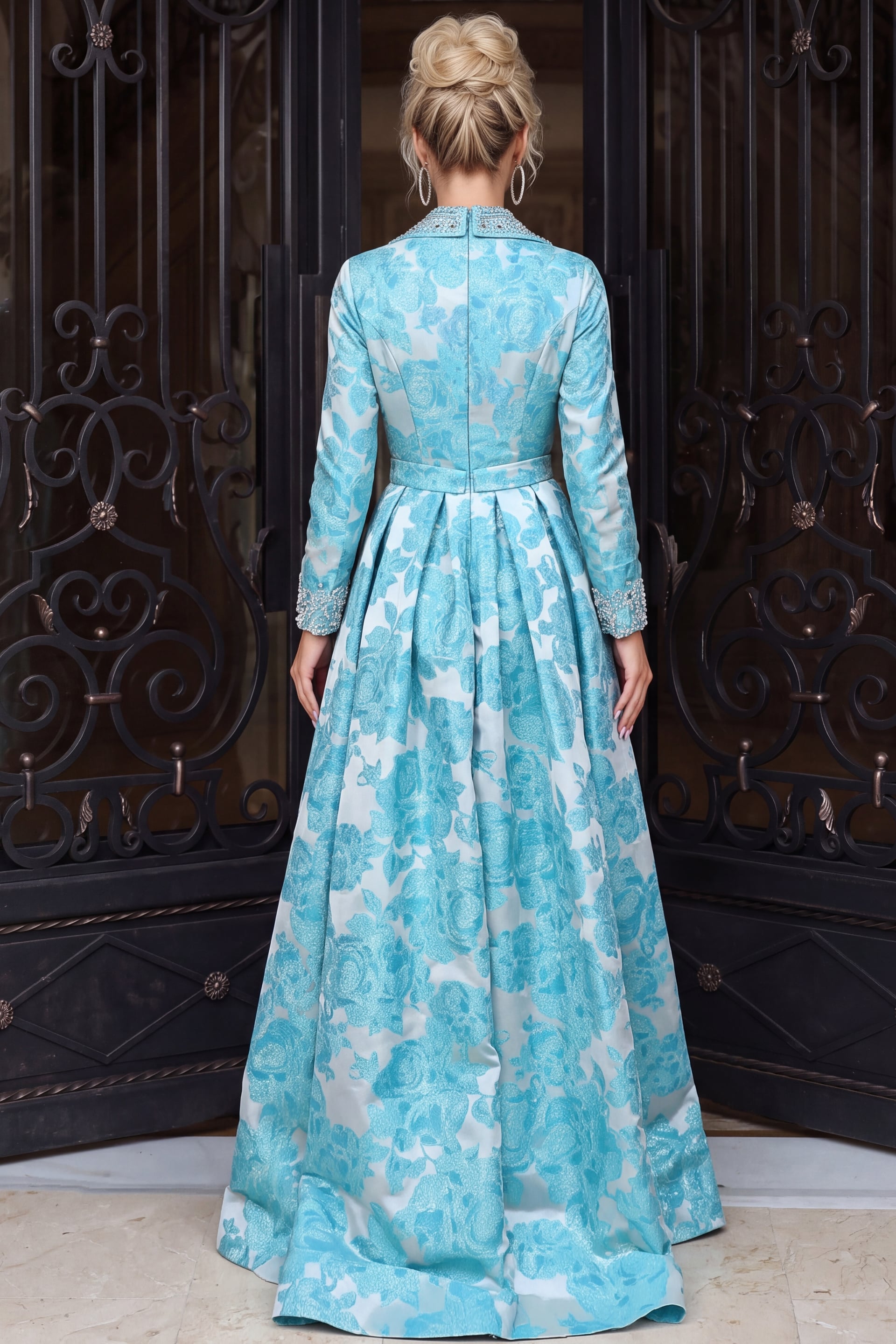 Aqua Floral Brocade Long Sleeve Collared A Line Gown 52089 - Image 2