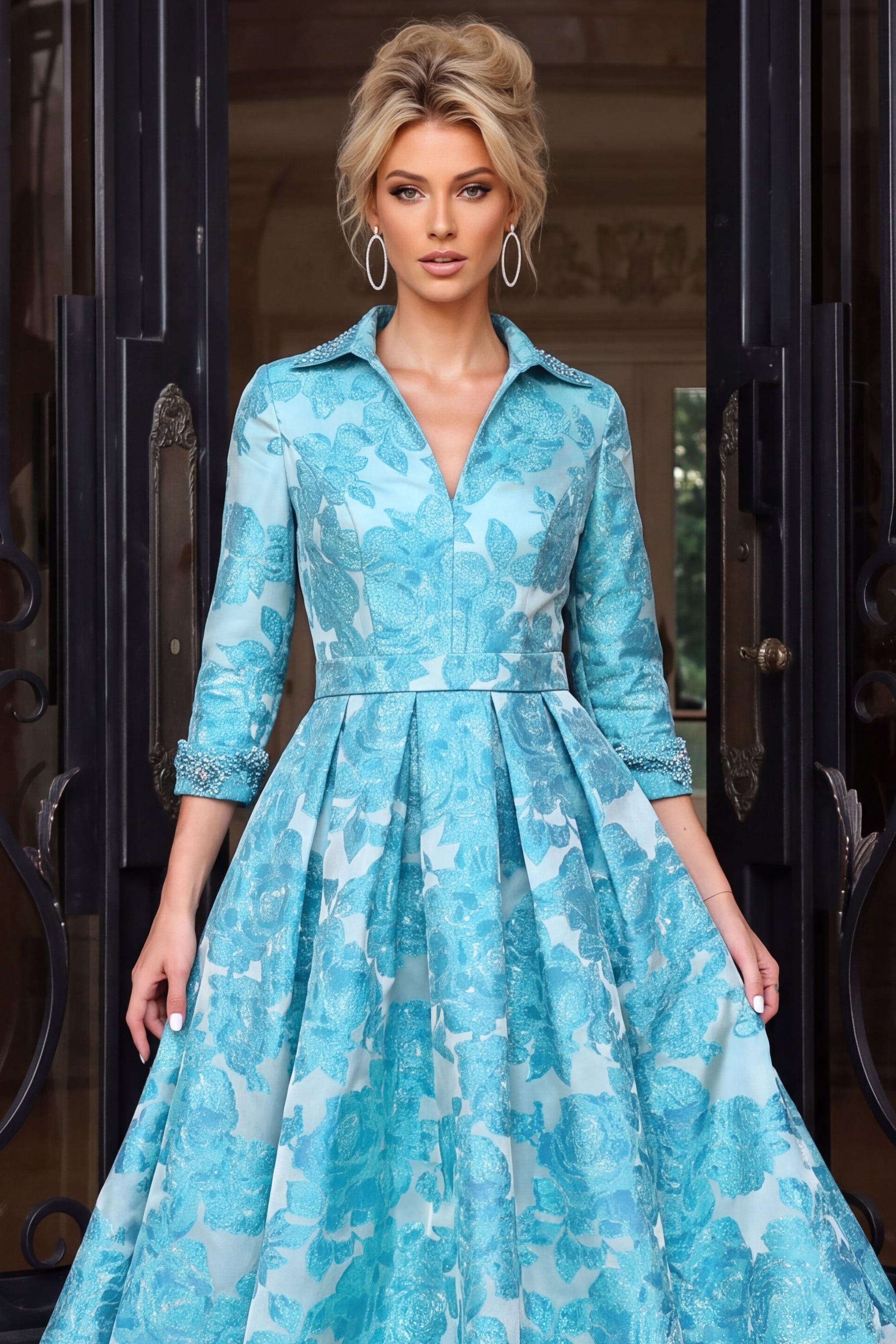 aqua blue floral brocade long sleeve gown with collared V neckline and beaded cuffs