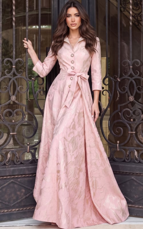 Pointed collar, three-quarter sleeves and a tie sash belt on a blush pink and gold jacquard gown