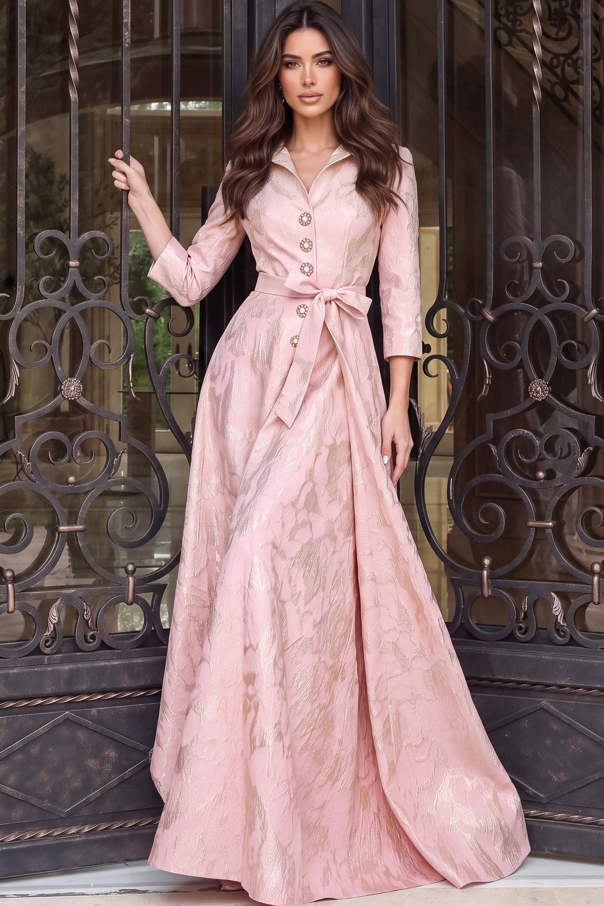 Pointed collar, three-quarter sleeves and a tie sash belt on a blush pink and gold jacquard gown