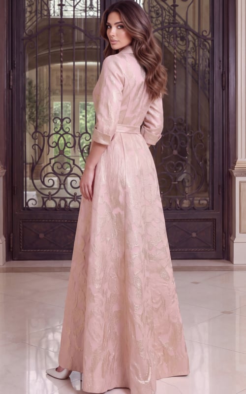 A knotted sash and flared skirt fill this rear view of a blush and gold jacquard gown