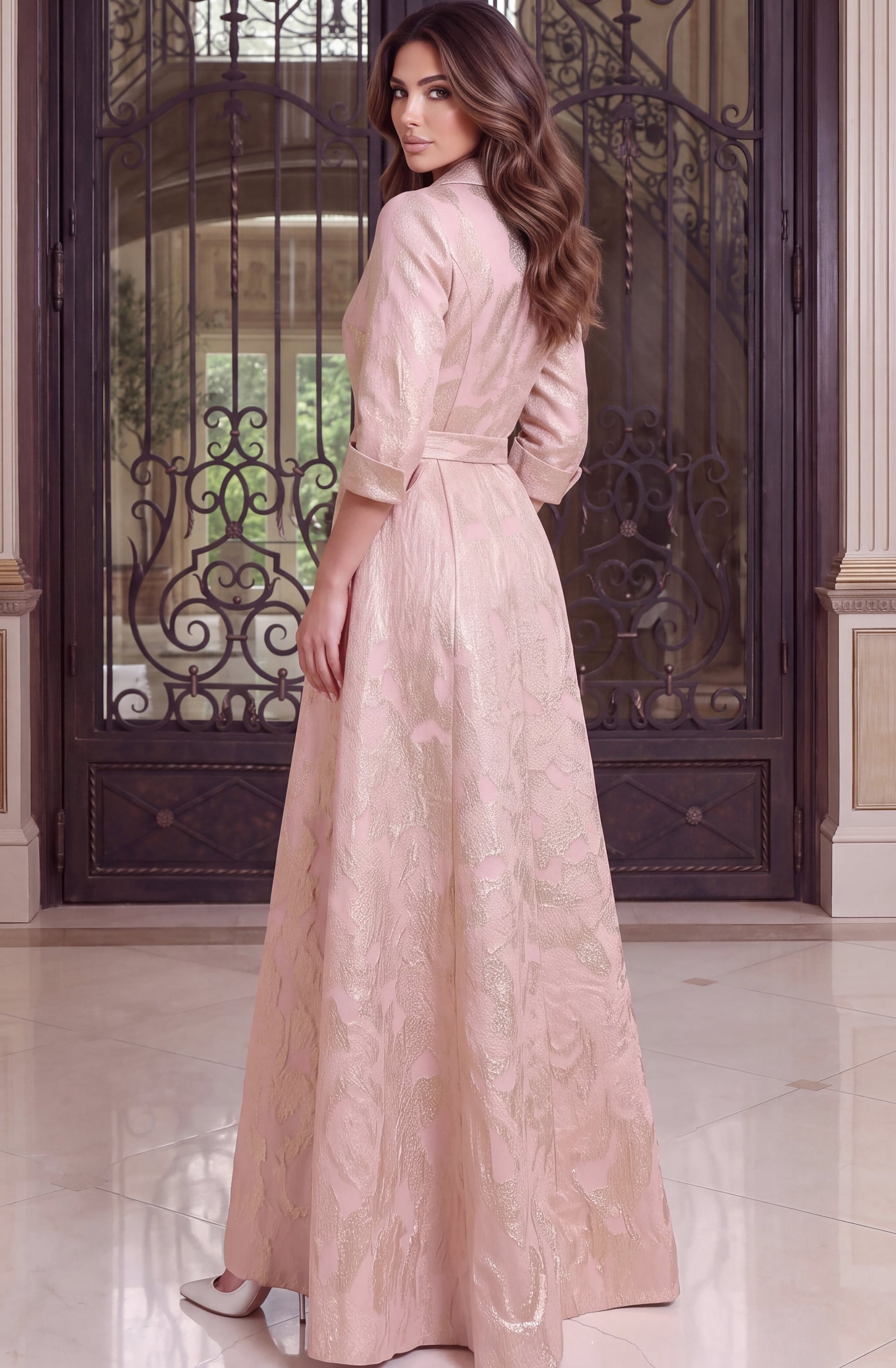 A knotted sash and flared skirt fill this rear view of a blush and gold jacquard gown