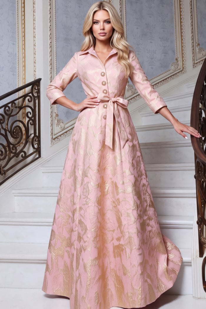 Three-quarter sleeve brocade gown in rose and gold with a bow sash and trained skirt