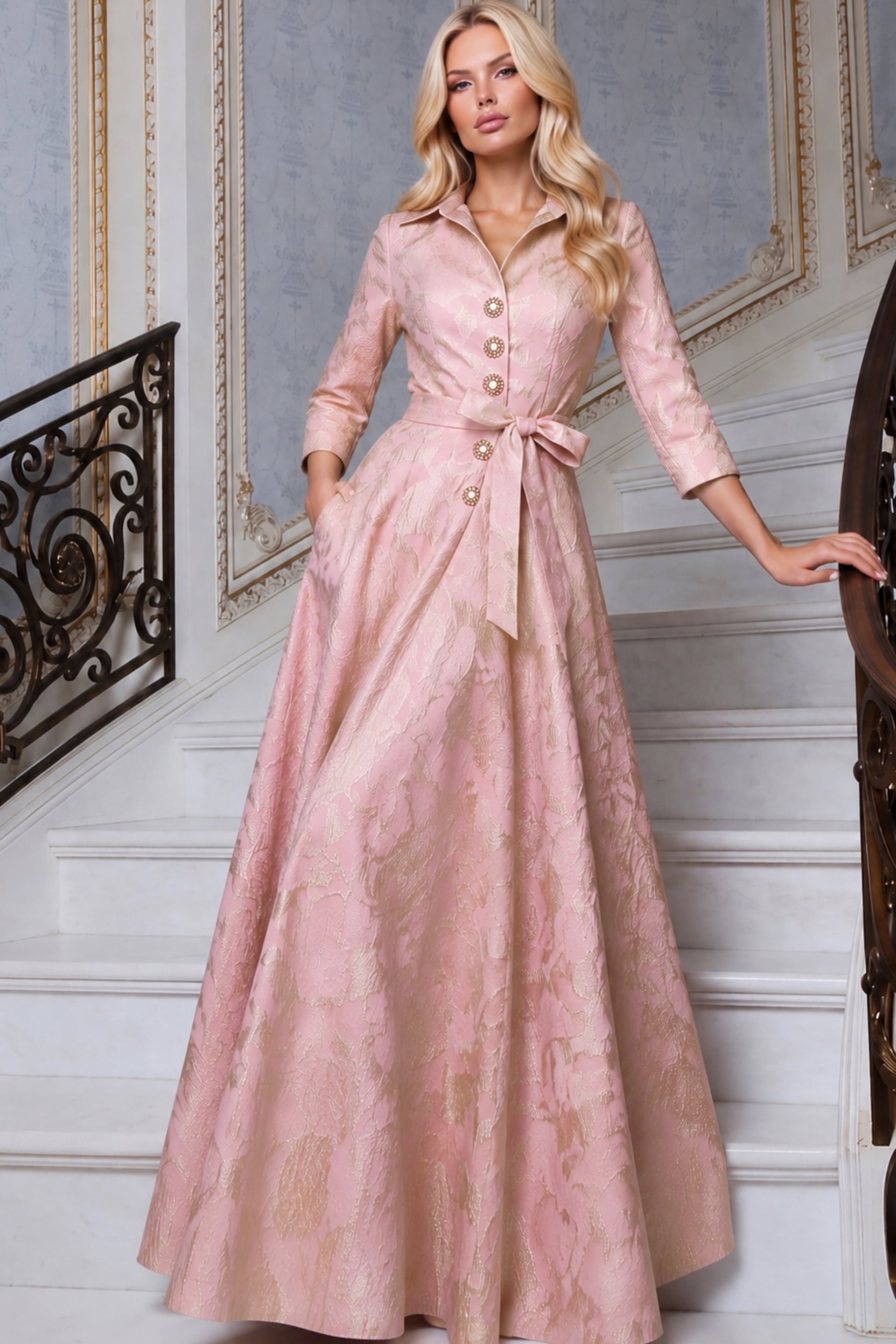 Pale rose and gold brocade gown with button front, tie sash and pocketed A-line skirt